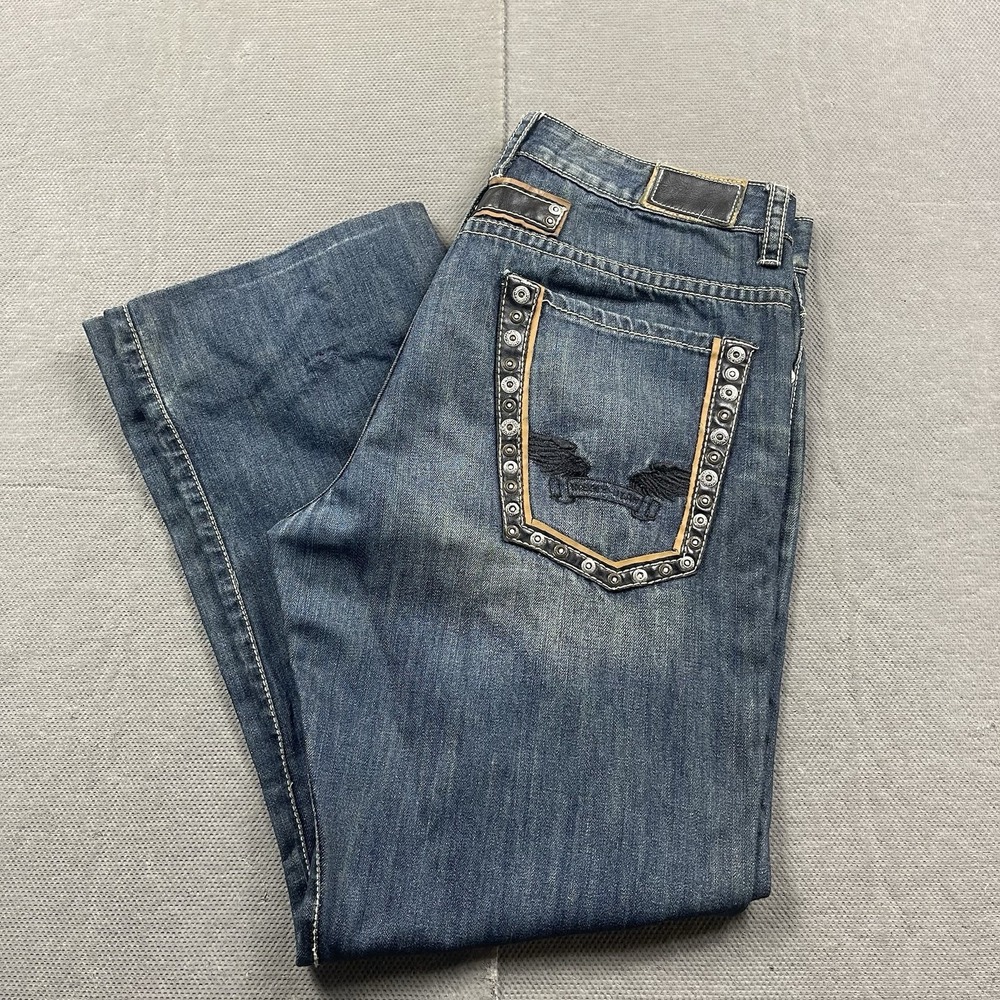 VTG Robins‎ Jean Mens 36x31 Rivet Wing Pockets Blue Faded Baggy Leg Jeans Denim